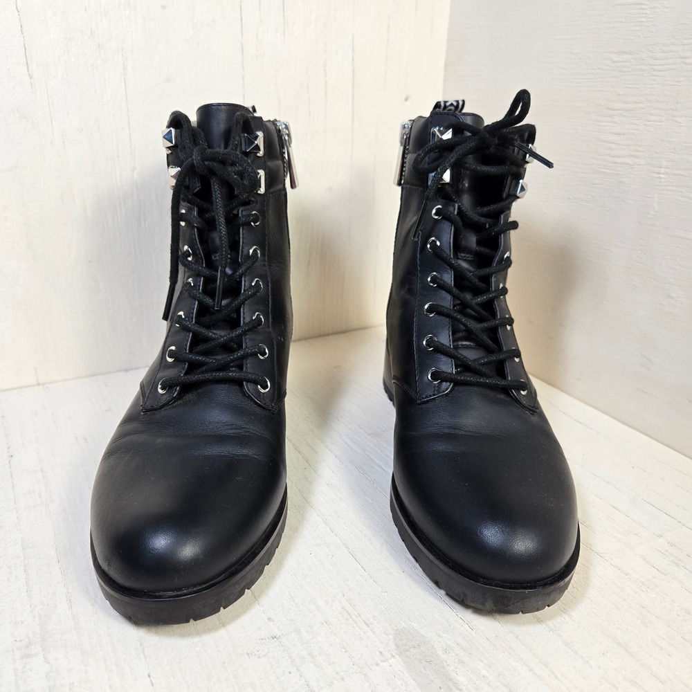 Michael Kors Halsey Black Leather Lace Up Combat Boots Side Zip Studded Sz 8M/38